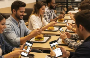 vários clientes no celular vendo lanches